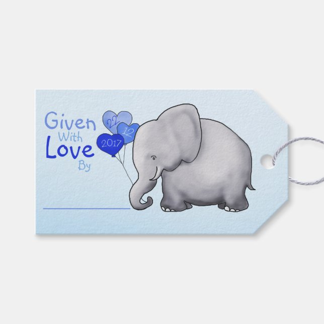 Blue Elephant Baby Dusche gegeben mit Liebe Gesche Geschenkanhänger (Vorderseite (Horizontal))
