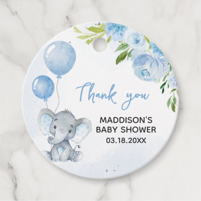 Blue Elephant Baby Dusche Geschenkanhänger (Vorderseite)