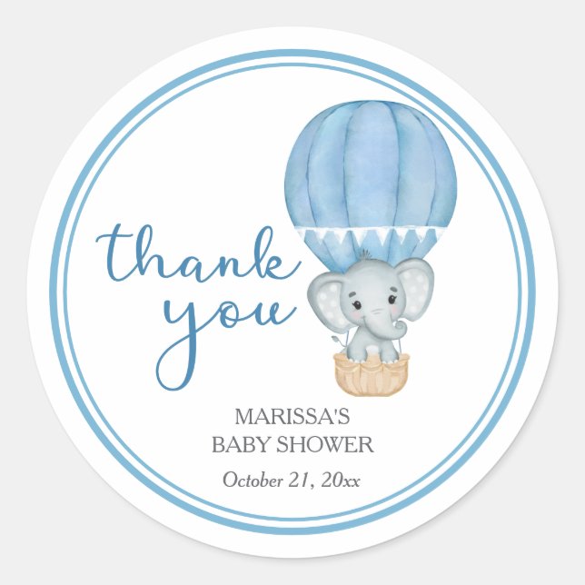 Blue Elephant Baby Dusche Runder Aufkleber (Vorderseite)