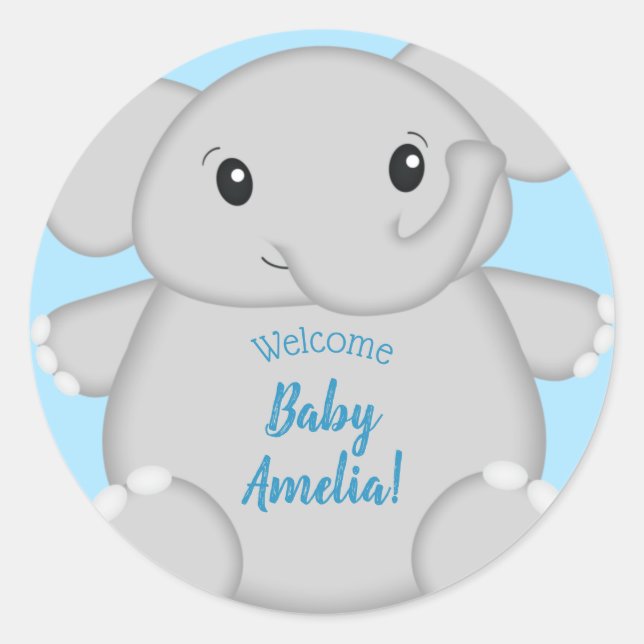 Blue Elephant Baby Dusche Runder Aufkleber (Vorderseite)