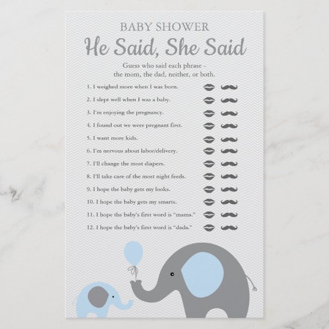 Blue Elephant Baby Dusche sagte er sagte, sie sagt Flyer (Vorne)