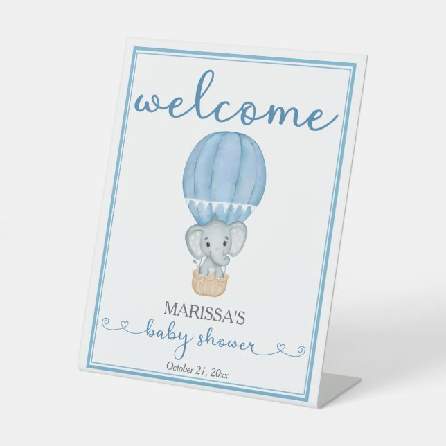 Blue Elephant Baby Dusche Willkommen Sockelschild (Vorderseite)