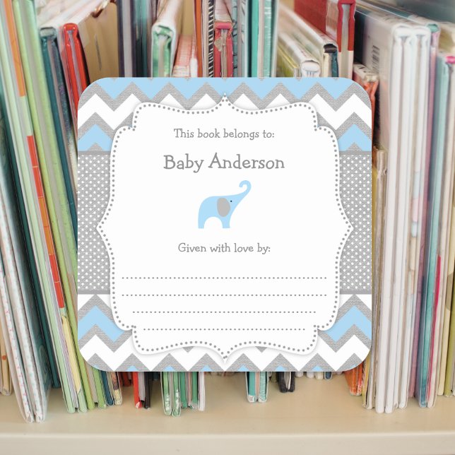 Blue Elephant Baby Shower Buchzeichen Buchsticker Quadratischer Aufkleber (Von Creator hochgeladen)
