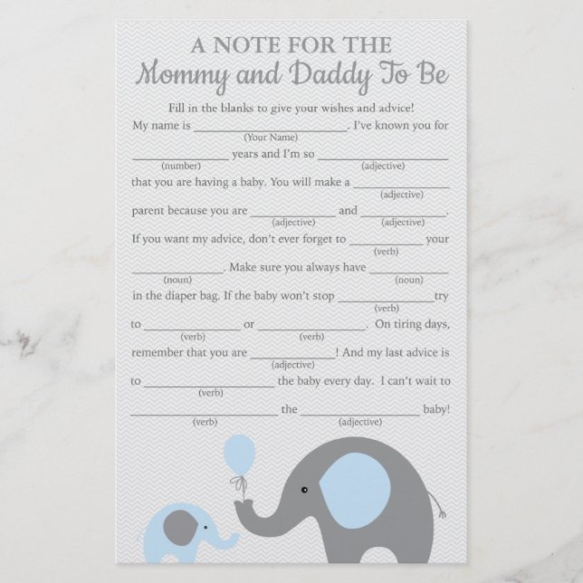 Blue Elephant Baby shower Conseils Cartes de jeu (Devant)