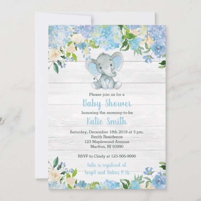 Blue Elephant Baby Shower Einladungen für einen Ju (Vorderseite)