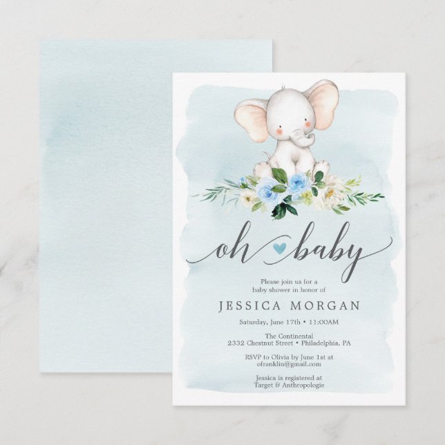 Blue Elephant Baby Shower Einladungskarte (Vorne/Hinten)