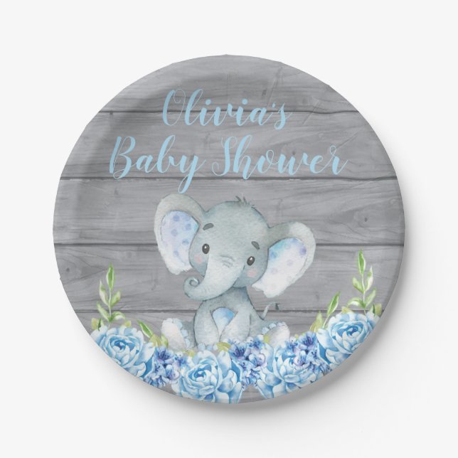Blue Elephant Baby Shower Paper Plate Pappteller (Vorderseite)