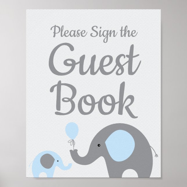 Blue Elephant Baby Shower Unterschreiben des Gäste Poster (Vorne)