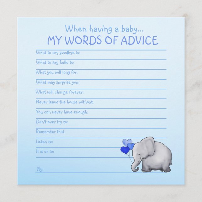 Blue Elephant Baby Shower Worte der Ratschläge für Hinweiskarte (Vorderseite)
