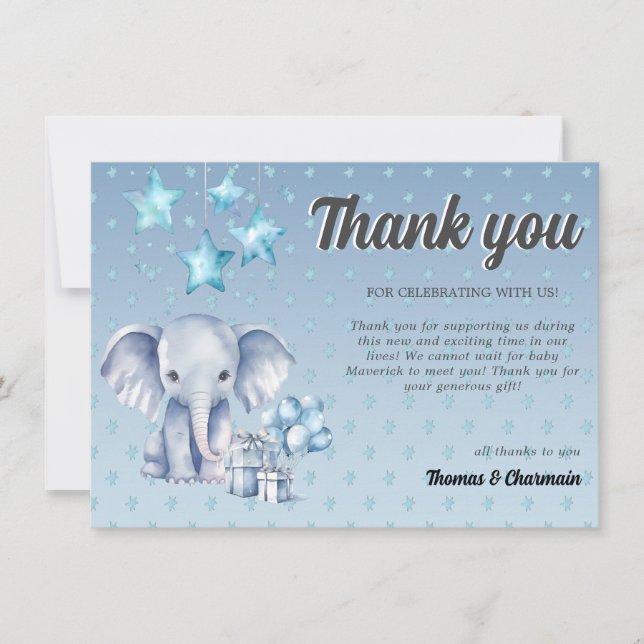 Blue Elephant & Balloon Baby Dusche Dankeskarte (Vorderseite)