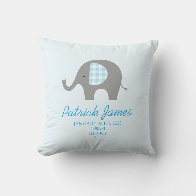 Blue Elephant Birth Stat Boy Baby Kinderzimmer Kissen (Vorderseite)