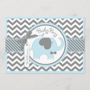 Blue Elephant Bow Krawatte Zickzack Print Baby Dus Einladung