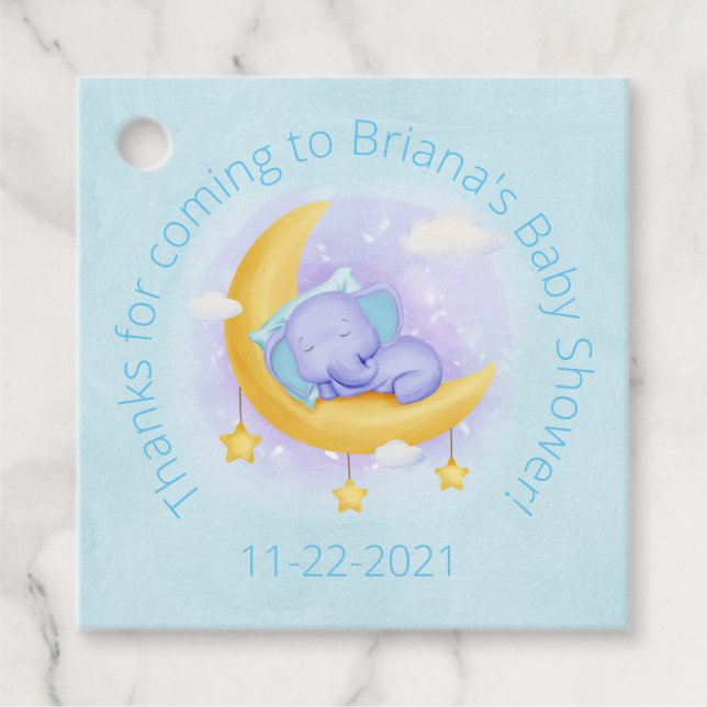 Blue Elephant Boy Baby Dusche Geschenkanhänger (Vorderseite)