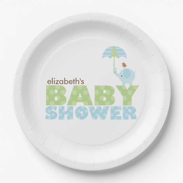 Blue Elephant Boy Baby Dusche Pappteller (Vorderseite)