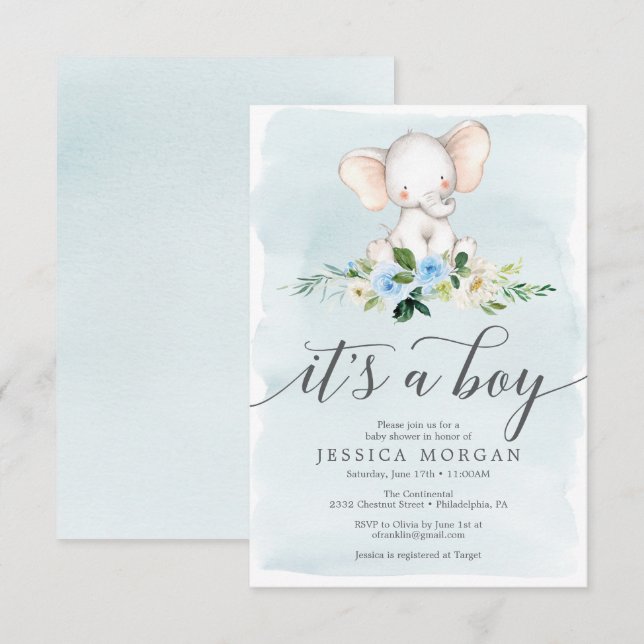 Blue Elephant Boy Baby Shower Einladungskarte (Vorne/Hinten)
