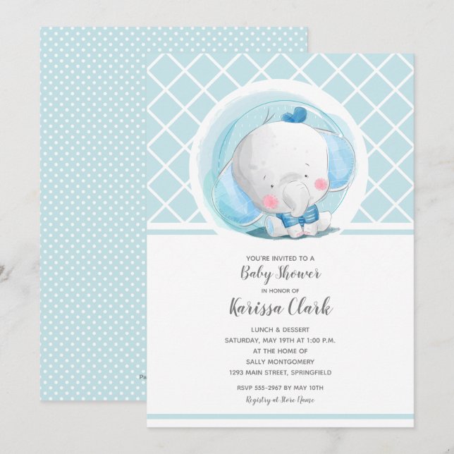 Blue Elephant Boy Baby Shower Invitations (Devant / Derrière)