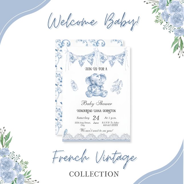 Blue Elephant Chinoiserie-Baby Dusche Einladung (elephant-baby-shower-vintage-blue-collection)