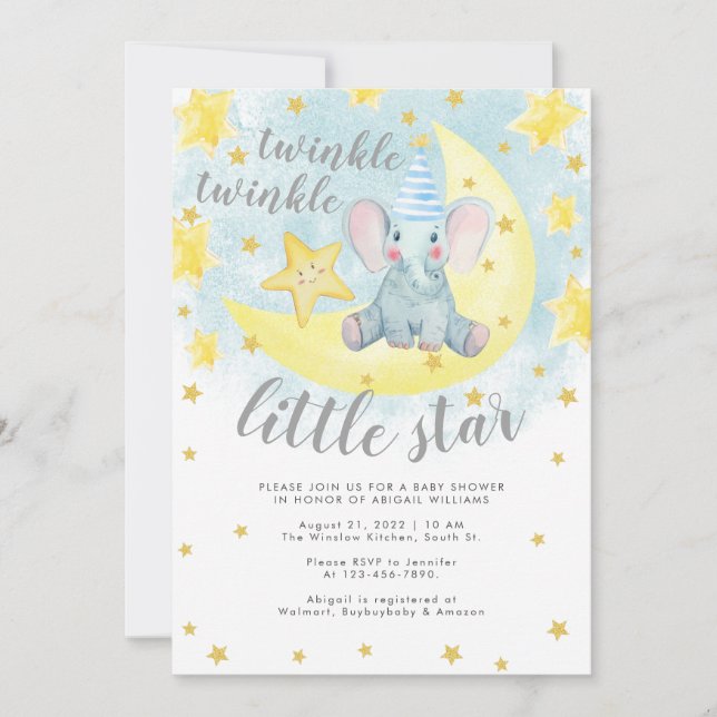 Blue Elephant Gold Twinkle Little Star Baby Dusche Einladung (Vorderseite)