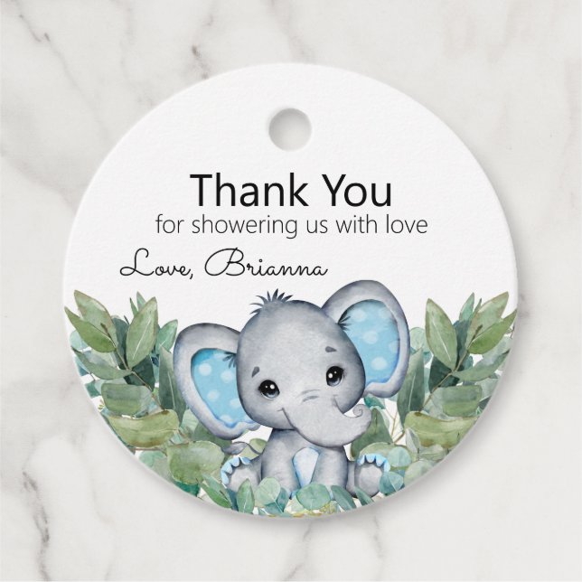 Blue Elephant Greenerenery Baby Shower Vielen Dank Geschenkanhänger (Vorderseite)