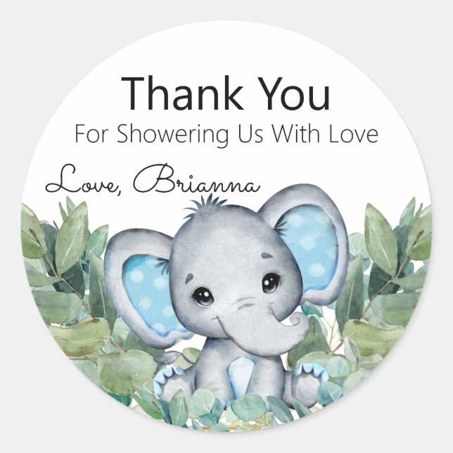 Blue Elephant Greenerenery Baby Shower Vielen Dank Runder Aufkleber (Vorderseite)