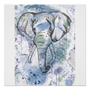 Blue Elephant Head Print Poster