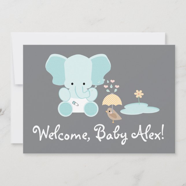 Blue Elephant Little Bird Welcome Baby Einladung (Vorderseite)