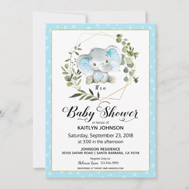 Blue Elephant Modern Baby Dusche Einladung (Vorderseite)