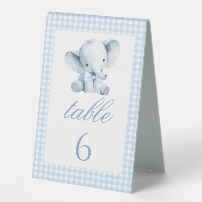 Blue Elephant Peanut Baby Dusche Tischnummern Tischaufsteller (Vorderseite)