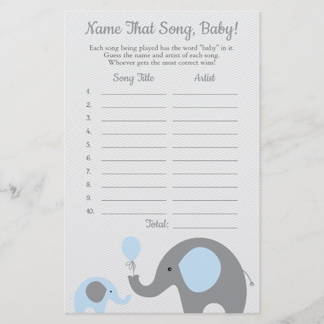 Blue Elephant rät das Baby Song Baby Shower Game Flyer (Vorne)