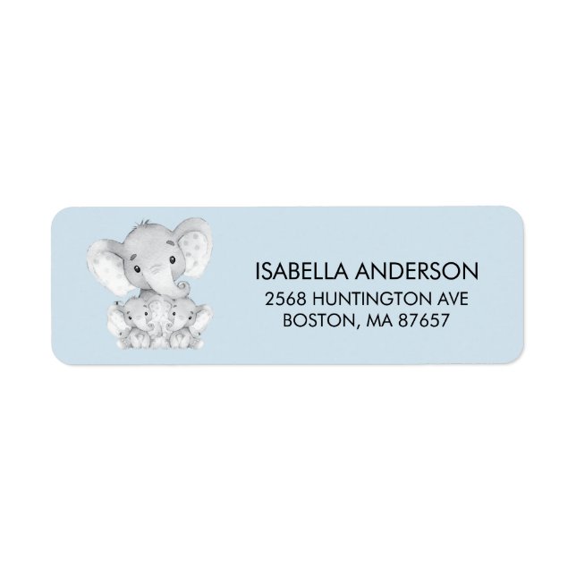 Blue Elephant Twins Baby Showadresse Label (Vorne)