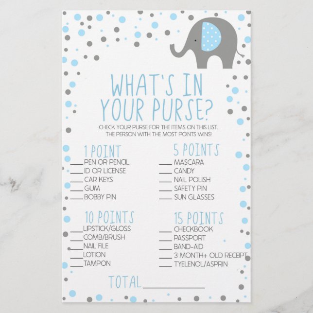Blue Elephant Was ist in Purse Baby Shower Game Briefpapier (Vorderseite)