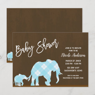 Blue Elephants Brown Trendy Modern Baby Dusche Einladung