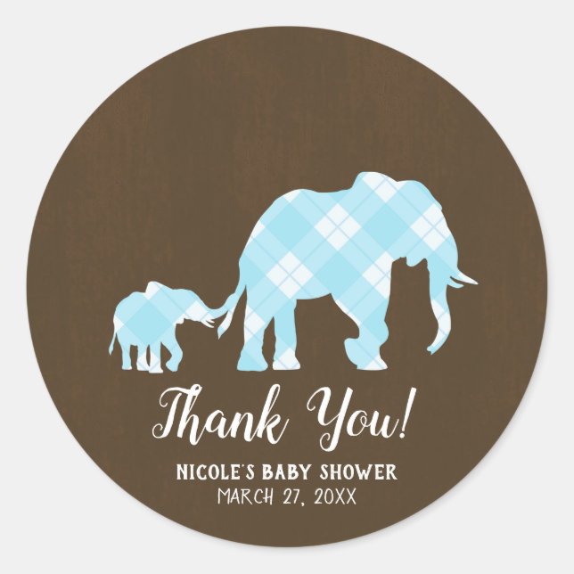 Blue Elephants Brown Trendy Modern Baby Dusche Runder Aufkleber (Vorderseite)