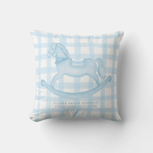 Blue En vichy Rocking Horse Baby Boy Birth Coussin