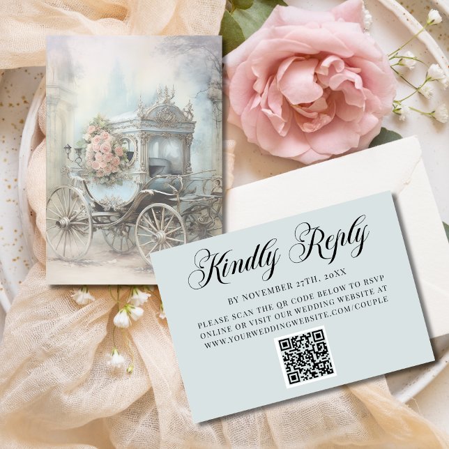 Blue Enchanted Carriage Fairytale Wedding QR Code RSVP Karte (Von Creator hochgeladen)