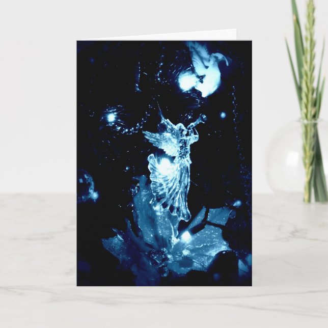 Blue Engel auf schwarze Weihnachtskarte Feiertagskarte (Vorderseite)