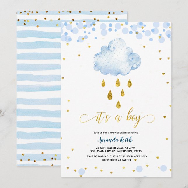 Blue et Gold Boy Raincloud Baby shower Invitation (Devant / Derrière)