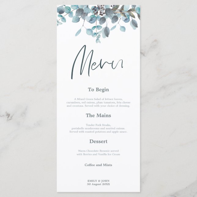Blue Eucalyptus Blätter Stilvolle Script Hochzeit Menükarte (Vorderseite)