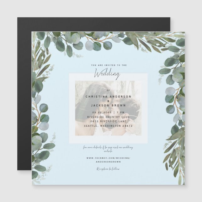 Blue Eucalyptus Foliage Foto Wedding Magneteinladung (Vorne/Hinten)