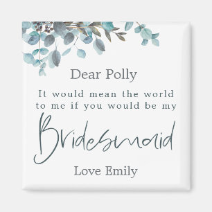 Blue Eucalyptus Leaf Script Bridesmaid-Anfrage Magnet