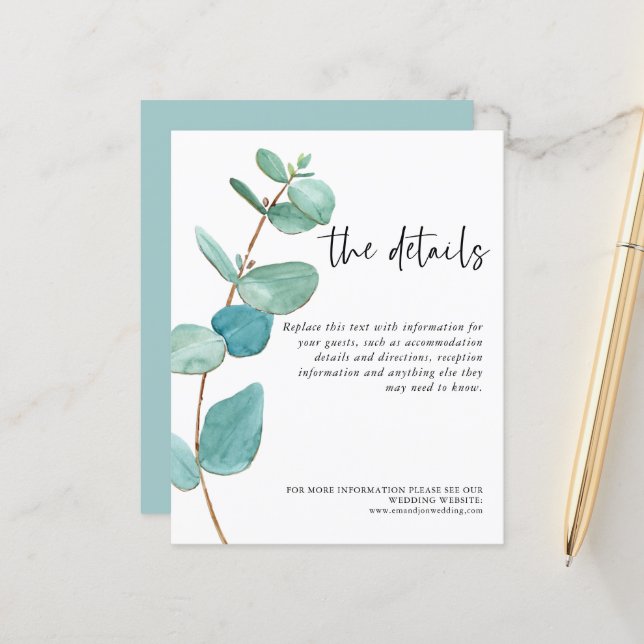 Blue Eukalyptus Wedding Informationen (Vorderseite/Rückseite Beispiel)