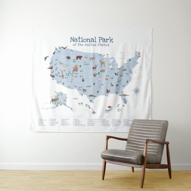 Blue Explain National Park Map Woodland Kinderzimm Wandteppich (Beispiel (Horizontal))