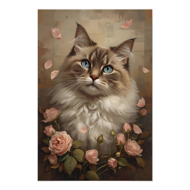 Blue-Eyed Cat with Roses – Elegant Floral Poster (Vorderseite)