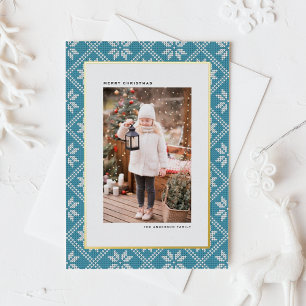 Blue Fair Isle Strick Pattern Foto Weihnachten Folien Feiertagspostkarte