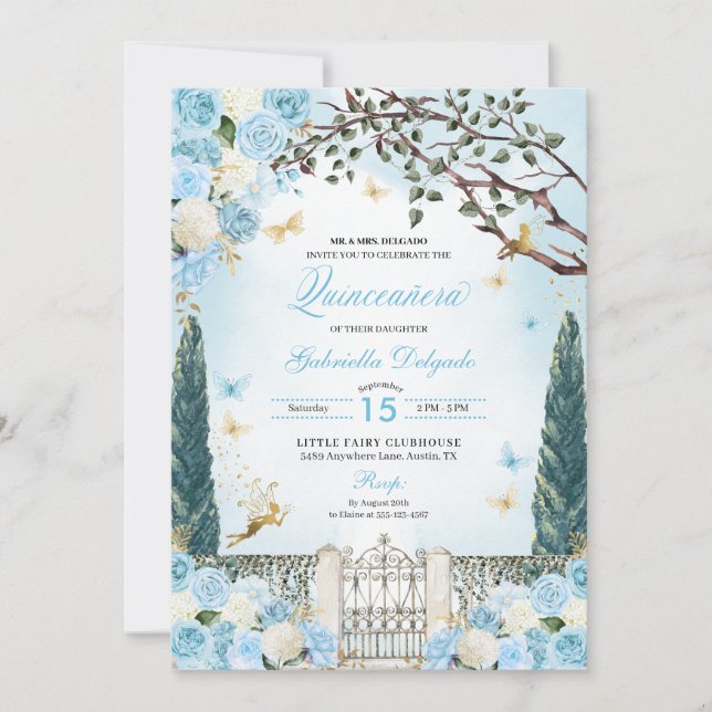 Blue Fairy Enchanted Garden Quinceanera Einladung (Vorderseite)