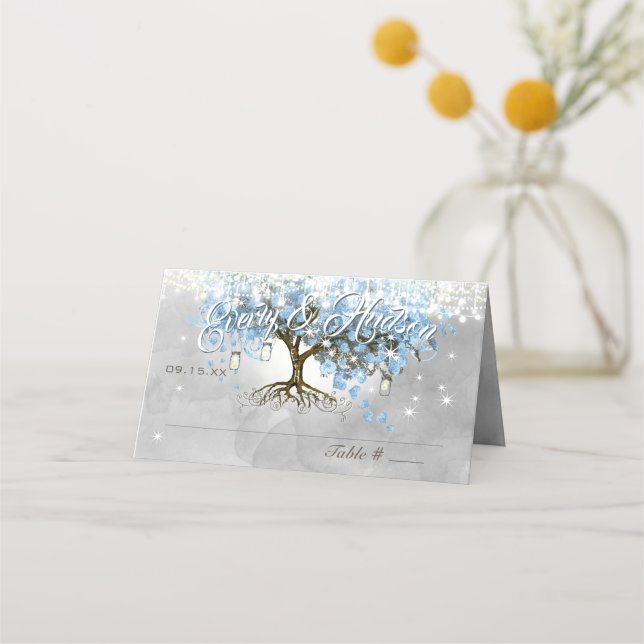 Blue Faiy Tale Wedding Mason Jar Heart Leaf Tree Platzkarte (Rückseite)
