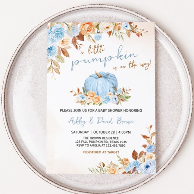 Blue Fall Floral Pumpkin Baby Dusche Einladung (Blue Pumpkin Baby Shower Invitation )