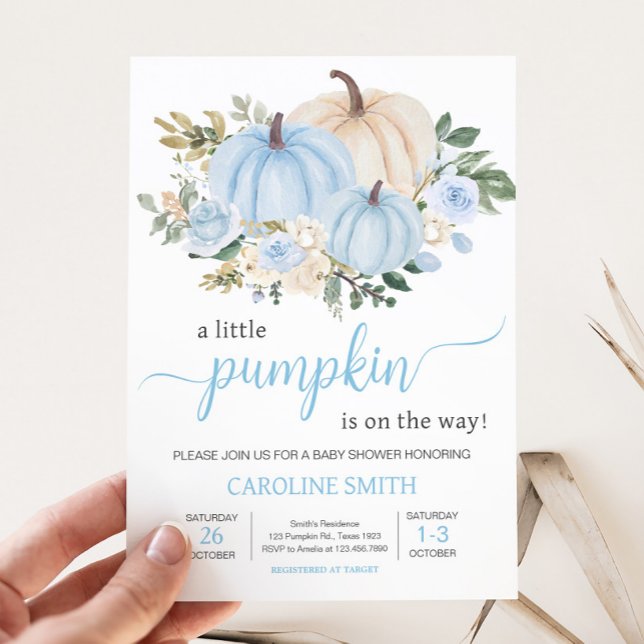 Blue Fall Floral Pumpkin Einladung (Fall Pumpkin Baby Shower Invitation
)