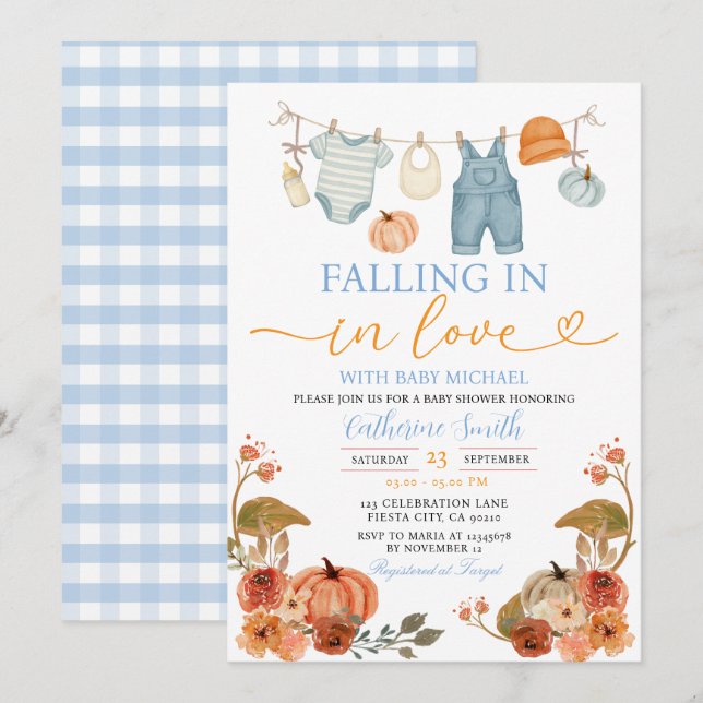 Blue Fall Pumpkin Baby Clothes Babydusche Einladung (Vorne/Hinten)