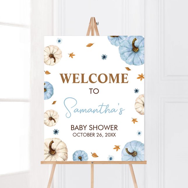 Blue Fall Pumpkin Baby Dusche Willkommen Poster (Boy A Little Pumpkin Baby Shower Welcome Sign)